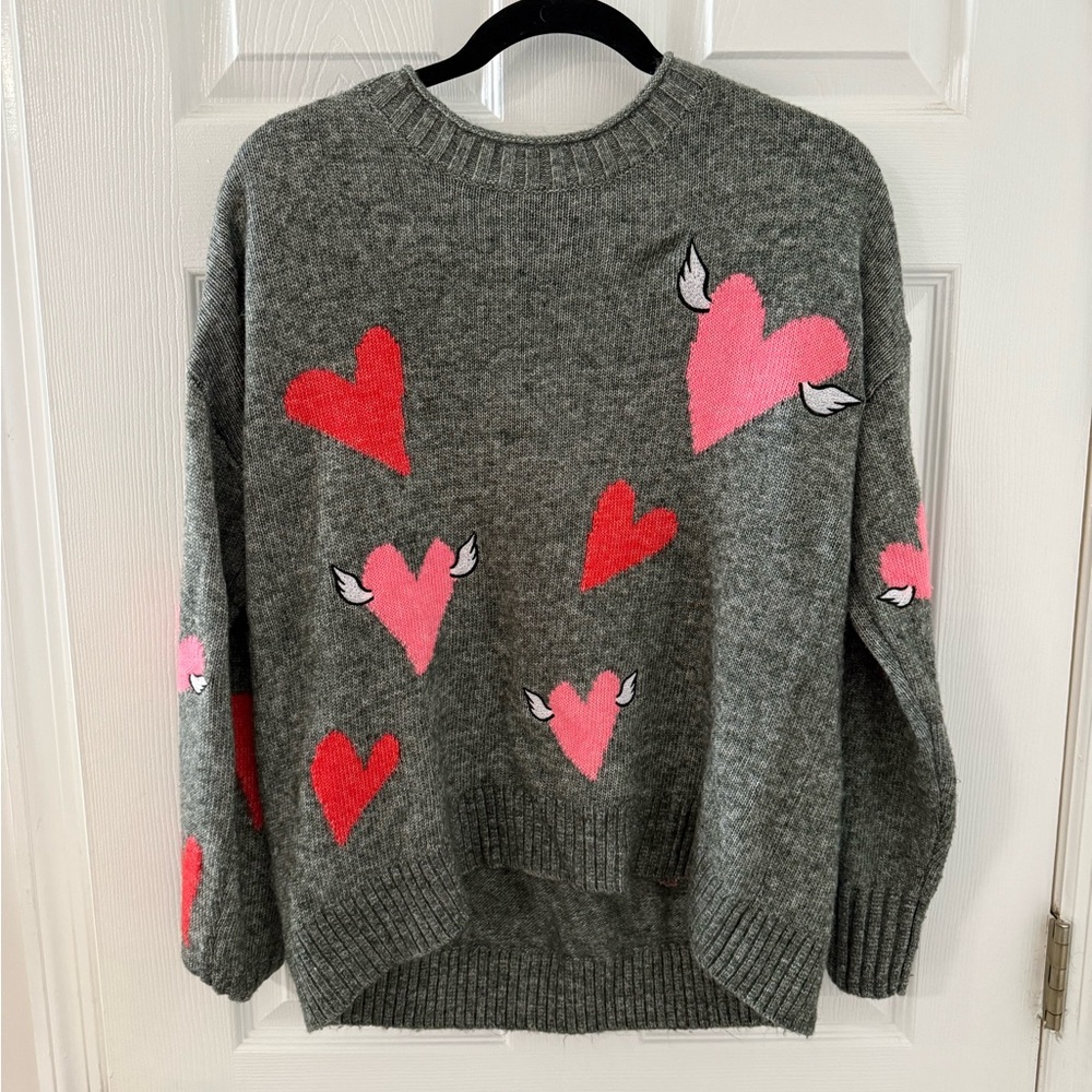 Lou & Grey Gray Heart Sweater | Winged Heart Print | Size L | Cozy Knit